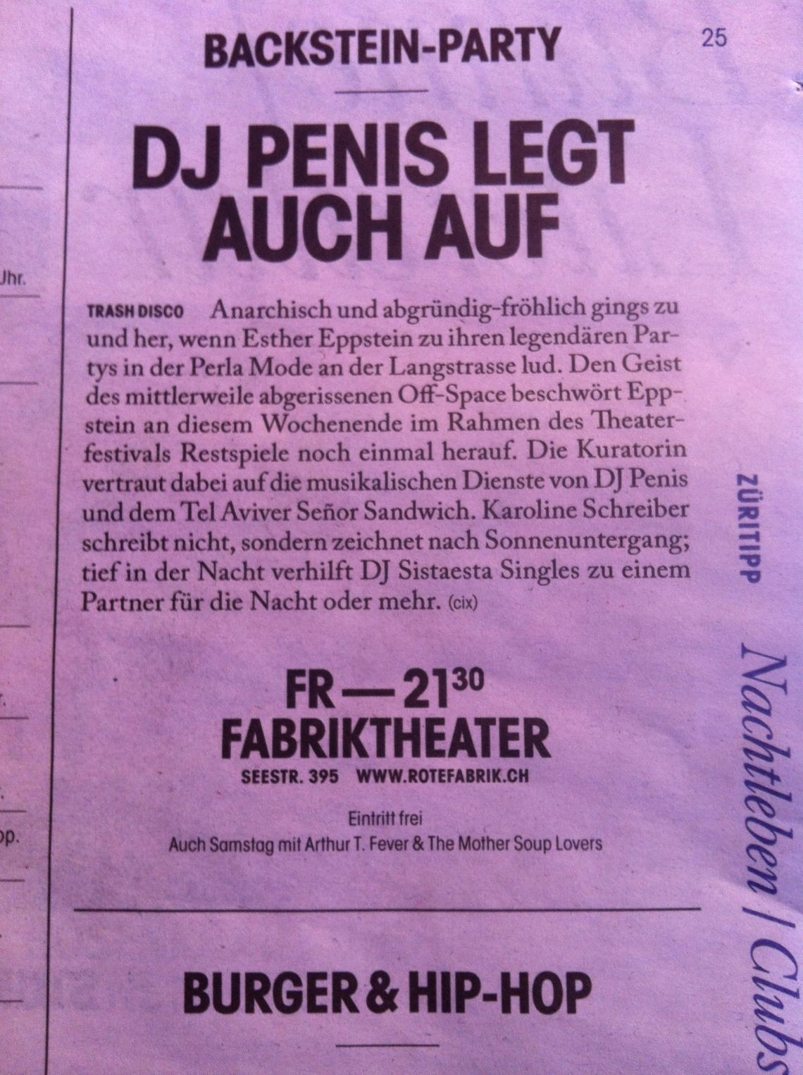 message salon Backsteinparty, auch Züri Tipp dabei