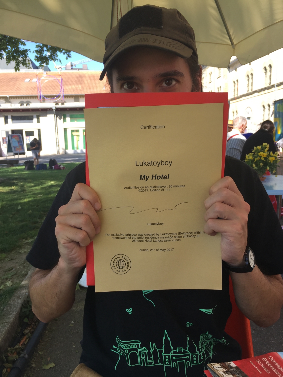 The final art piece: Certification Lukatoyboy "My Hotel"  Audio files on an audio player, 30 minutes, Edition 1+1, 2017   