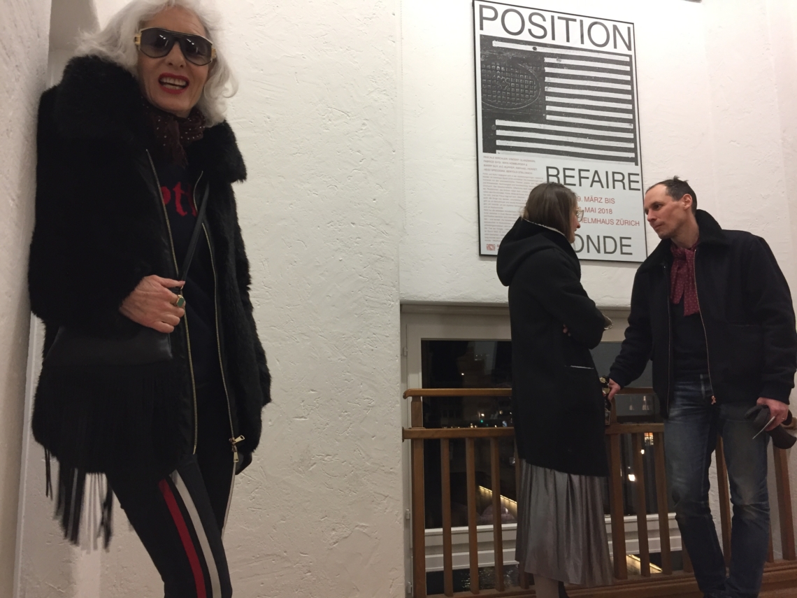 Daniela in conversation with graphic designer Manuel Krebs, in company of model Sandra Wildbolz